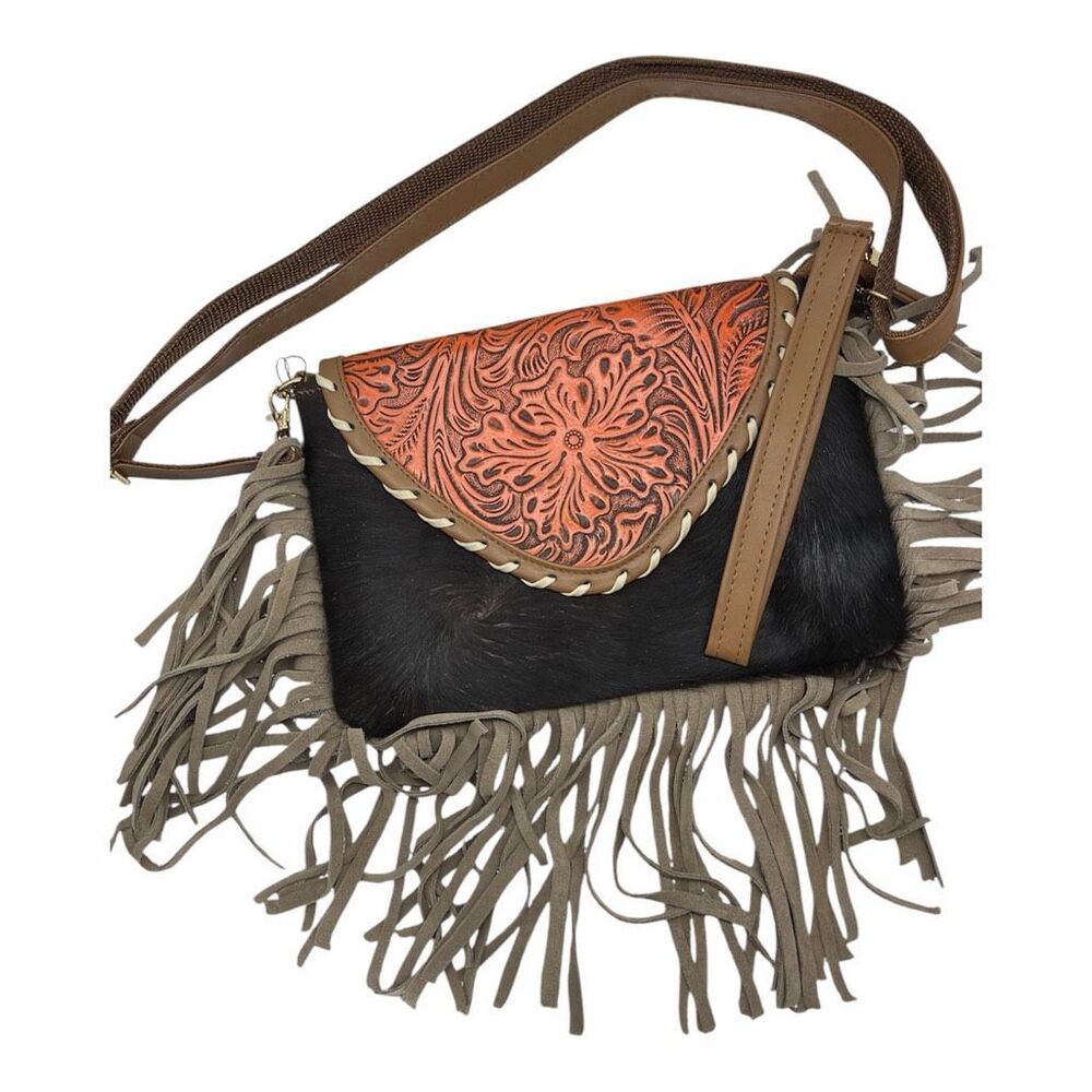 American Darling Hand Tooled Leather Western Cow Fringe Handbag Purse Crossbody